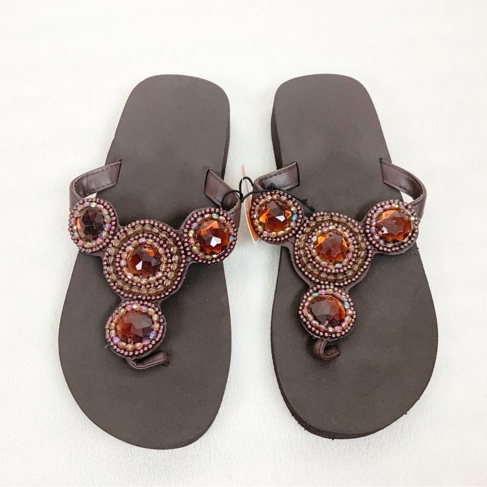 West Loop Jeweled Beaded Thong Sandals Wedge Flip Flops Size 5/6 Brown Summer